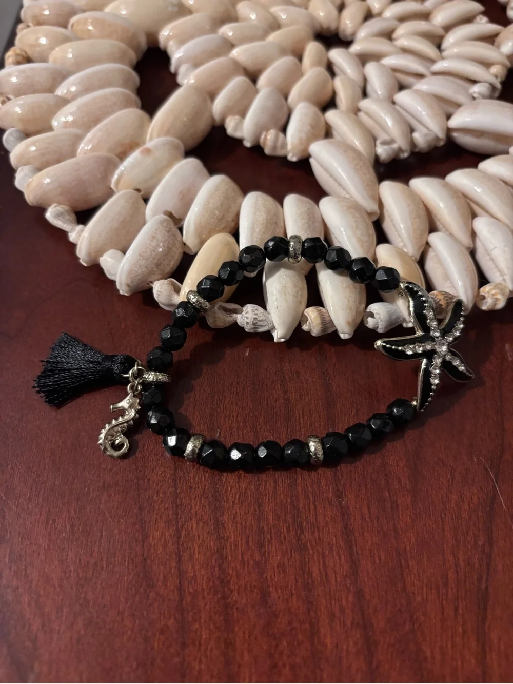 Black Beaded Starfish/Seahorse  Charm Bracelet with Tassel
